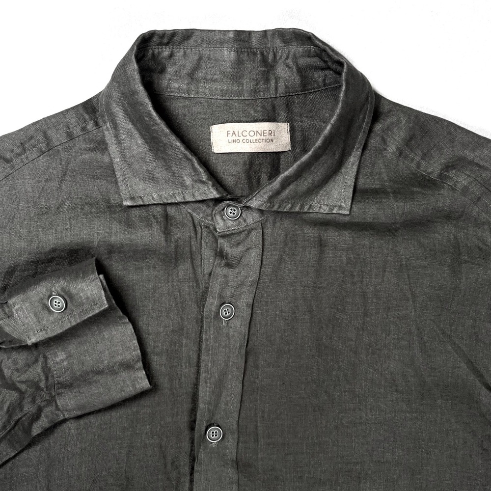 Falconeri Linen Button Down Shirt Men Large Olive Green Lino Collection Luxury